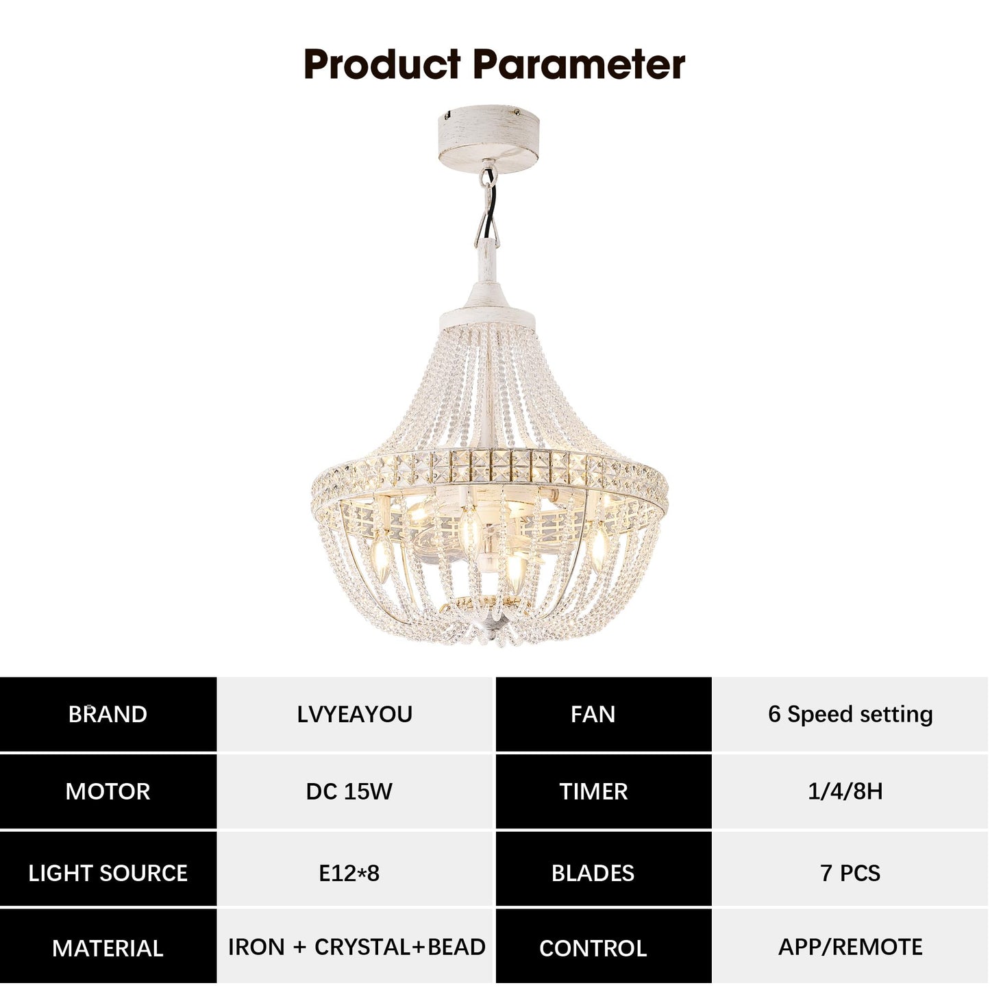 LVYEAYOU 20“ Modern Crystal Chandelier Ceiling Fan with Lights, Remote & App Control, 6 Speed, 8-Lights French Empire Fandelier, for Bedroom, Dining Room (Retro White)