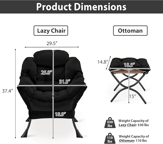 Youtanic Lazy Chair with Folding Ottoman, Accent Chair Velvet Upholstered with Metal Structure and Non-Slip Pads, Sofa Armchair with Footrest and Side Storage Bag for Dorm, Room, Office, Black