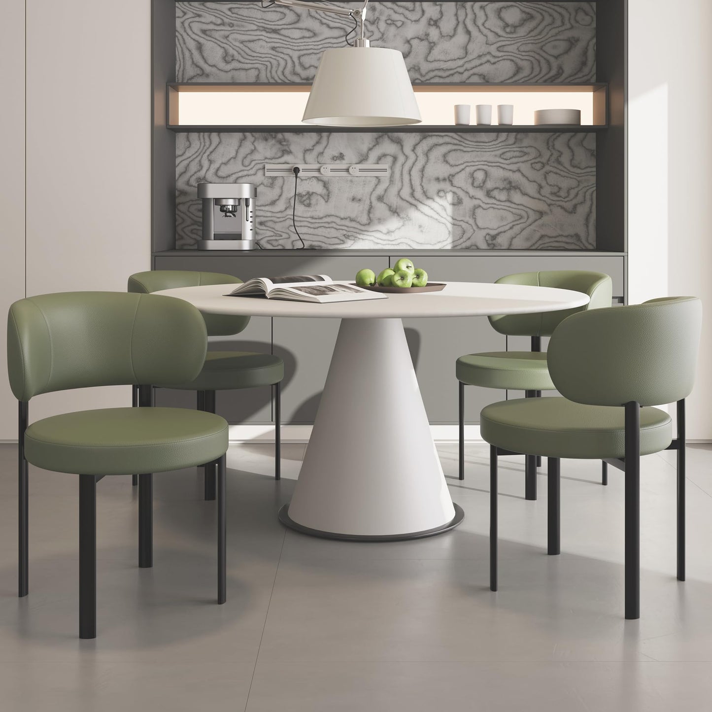 HaufChox Mid Century Dining Chairs Set of 4, Morden Kitchen Chair, Round Upholstered Seat, Curved Split Backrest, Carbon Steel Legs, Textured Leather for Bar/Restaurant/Office, Olive