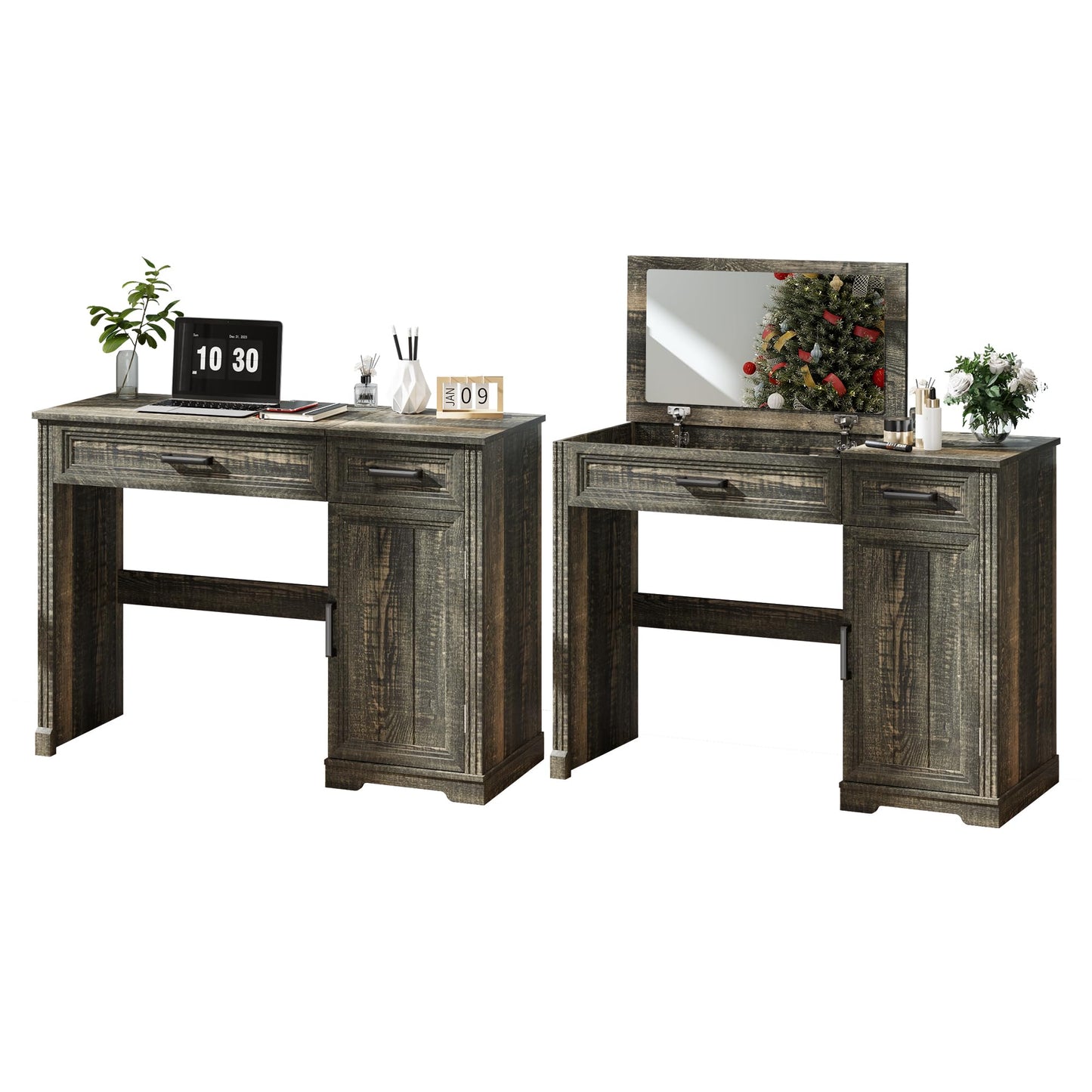 FOMNEY Farmhouse Vanity Desk with Flip Top Mirror, 43.3" W Makeup Vanity with Drawers, Storage Cabinet, Dressing Make Up Vanity Table for Bedroom, Wood Home Office Desk, Light Grey