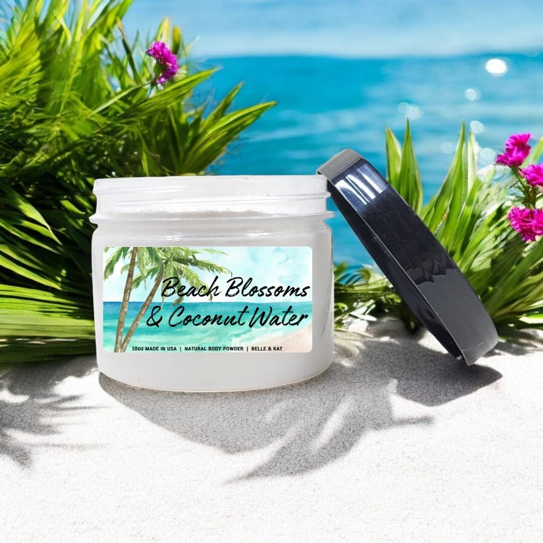 Body Powder for Women & Men Scented Beach Blossoms & Coconut Water, Perfume Dusting Powder, Bath Powder with Fragrance & Essential Oils, Talc-Free 10oz Container with Lid, Made in USA