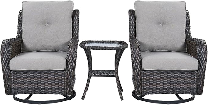 Rilyson Wicker Rocking Chair Swivel Chairs - 3 Piece Rocker Patio Furniture Set Rattan Rocking Bistro Sets with Glass Top Side Table for Outdoor Porch Deck Garden Backyard (Brown/Grey)