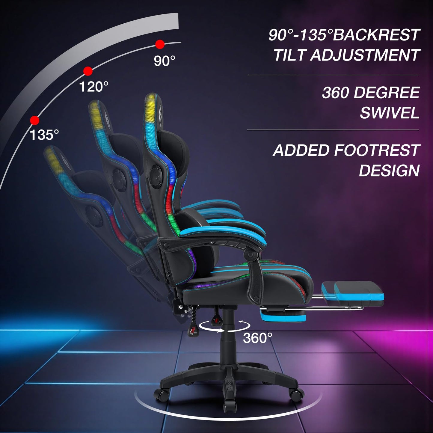 HOFFREE Gaming Chair with Music Rhythm RGB LED Lights and Bluetooth Speakers Ergonomic Massage Computer Gaming Chair with Footrest Video Game Chair High Back with Lumbar Support Blue and Black