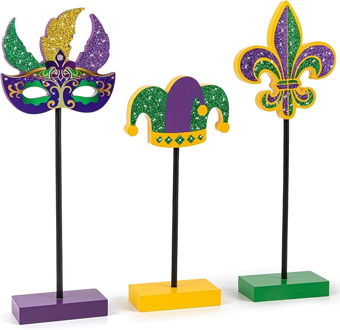 Hedeey 3 Pieces Mardi Gras Tiered Tray Decor Wood Set, Glitter Mardi Gras Table Decor,Rustic Mardi Gras Table Decorations ...