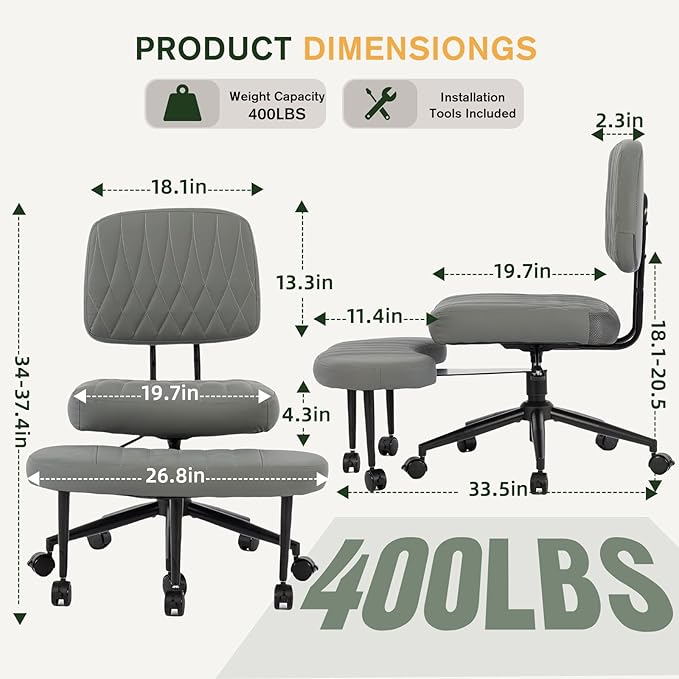 Ergonomic Cross Legged Office Chair with Wheels, Wide Seat and Backrest for Meditation, ADHD Cross Legged Office Chair with Adjustable Height, 360°Rotating Footrest for Yoga Home Office