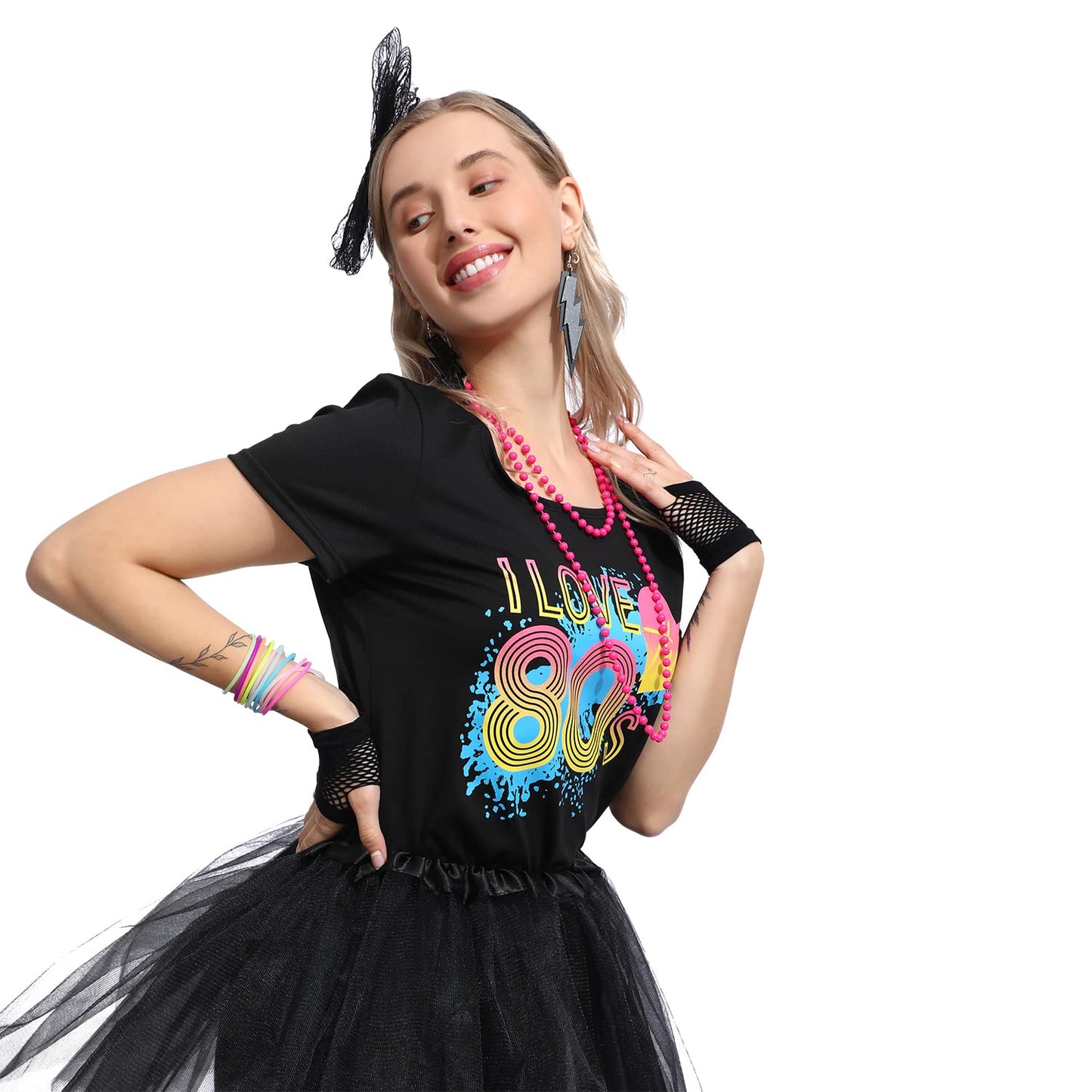 Sincere Party Women's 80s Costume Set Cotton T-Shirt,Pants,Tutus,Leg Warmers,Gloves,Necklace,Bracelets,Headband,Earrings(Black,XXL14-16)