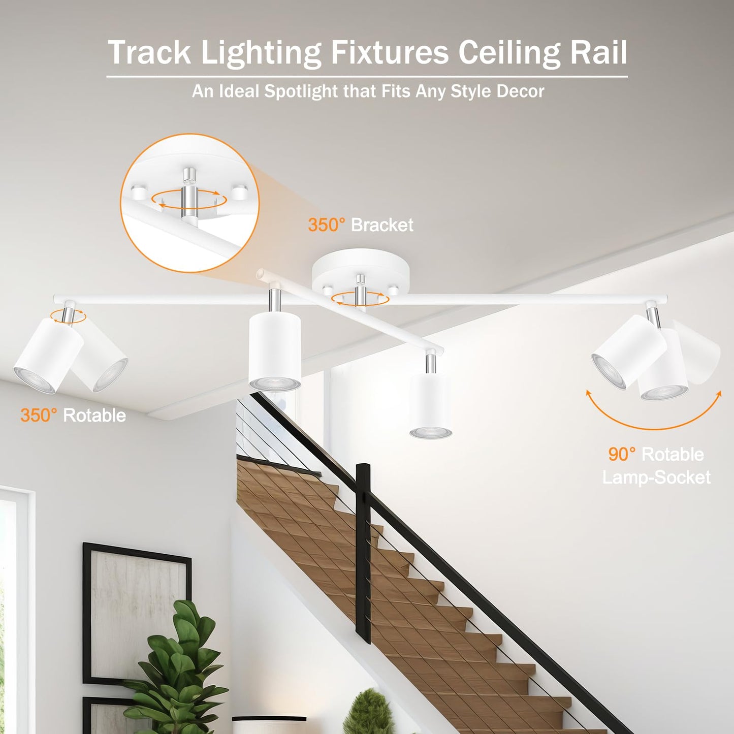 4 Light Track Lighting Kit Kitchen, White Track Lighting Fixtures Ceiling, 4 Way Modern Flexible Spot Track Lighting, Industrial LED Lights for Room Hallway Bedroom(GU10 Socket, Bulb Not Included)
