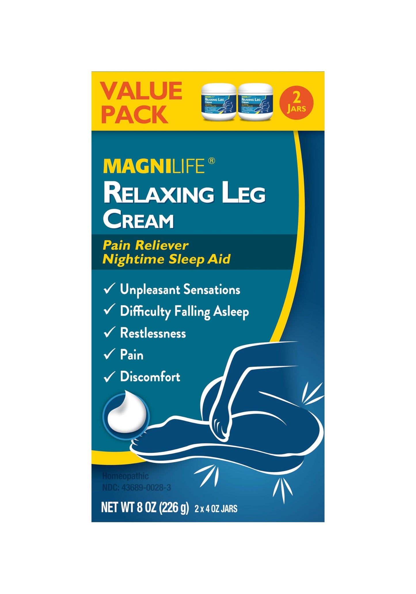 MagniLife Relaxing Leg Cream, Restless Legs, Naturally Soothe Cramping, Discomfort, and Tossing with Lavender and Magnesium (2 Pack-4oz Jars)