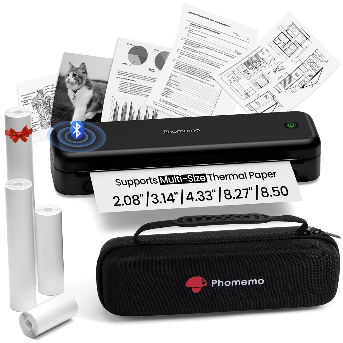 Phomemo Upgraded 300DPI Portable Printers Wireless for Travel, M834 Bluetooth Thermal Printer 8.5" x 11"& A4 Size,Inkless Mobile Printer with Carry Case for Travel,Office,School,Car,Home,Black