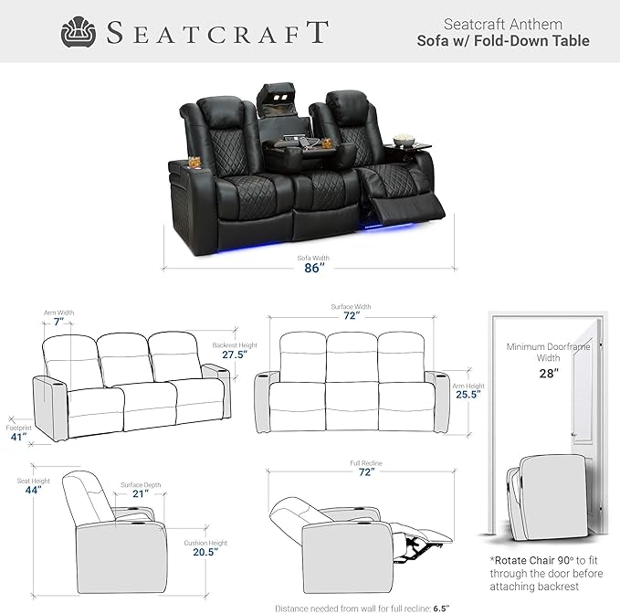 Seatcraft Anthem Italian Leather Sofa w/Fold-Down Table & Loveseat w/Storage Console, Living Room, Power Headrest, Power Recline, Black