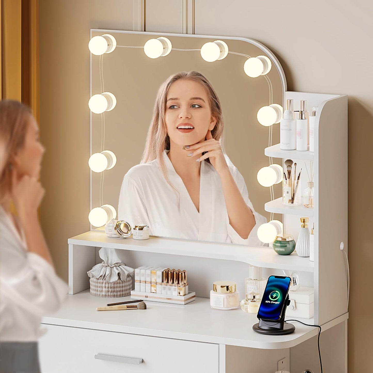 Small Makeup Vanity Desk with Mirror and Lights, 26.4" Small Vanity for Small Space with Stool and Charging Station, Compact Vanity with 3 Color Lighting Modes (White)