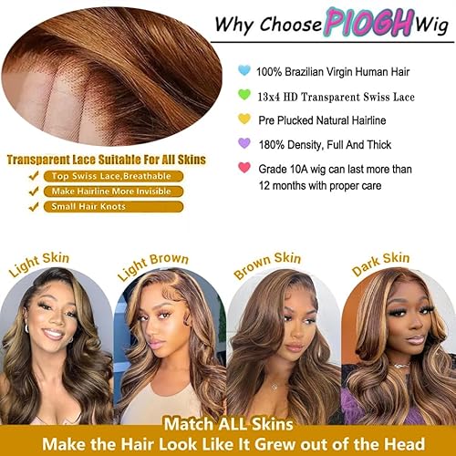 Highlight Ombre Lace Front Wig Human Hair Pre Plucked Body Wave 4/27 Colored Honey Blonde Wigs 13x4 HD Lace Frontal Wigs Human Hair 180 Density Glueless Wigs Human Hair for Women 22 Inch