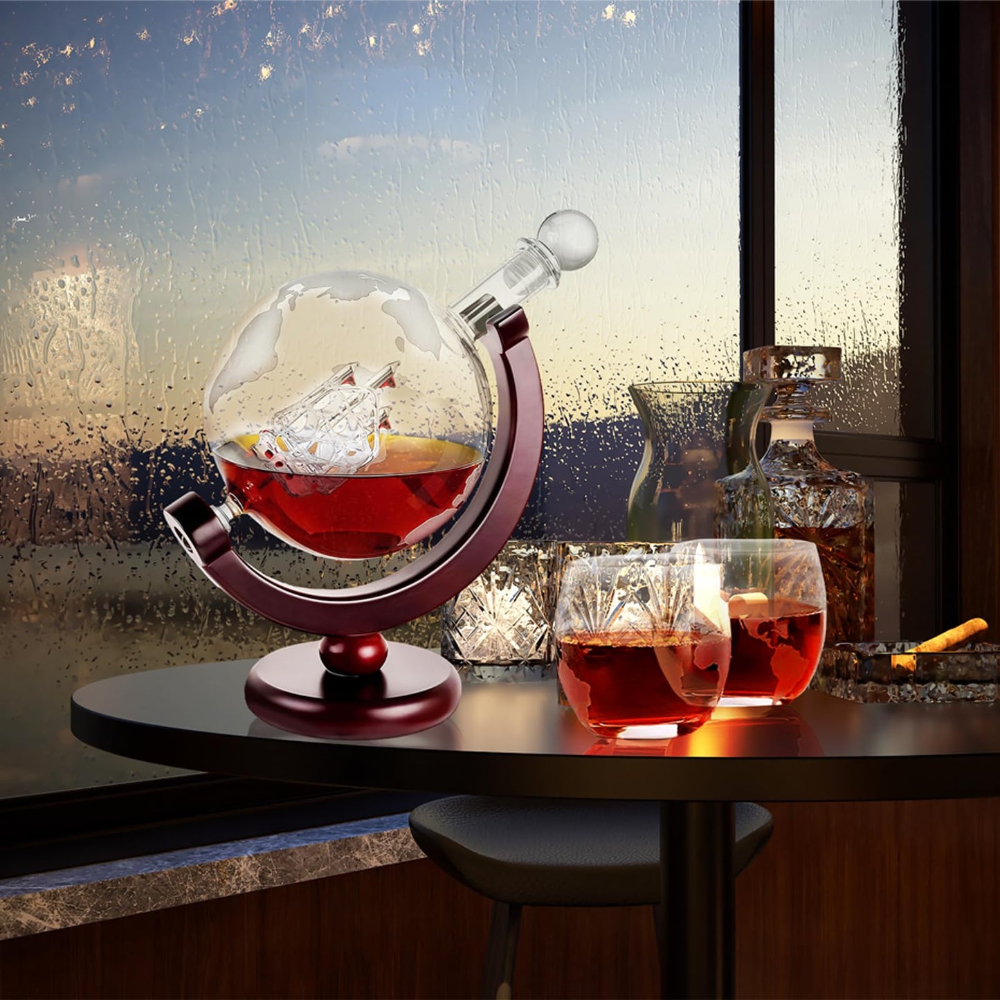 FWTBOOM Whiskey Globe Decanter Set, with 2 Etched Whiskey Glasses, 4 Ice Cubes, Tong & Funnel, Decanter for Liquor, Bourbon, Scotch, Whisky Gifts for Men Husband Boyfriend Dad, 1000ML