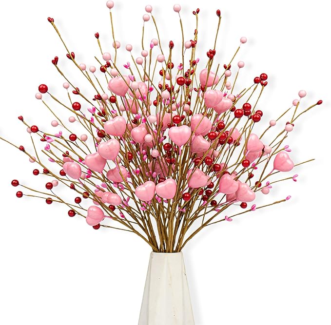 J'FLORU Valentine's Day Gifts Valentines Day Decorations 24 Pack Pink Heart Shaped Berry Picks with Red Berries for Valent...