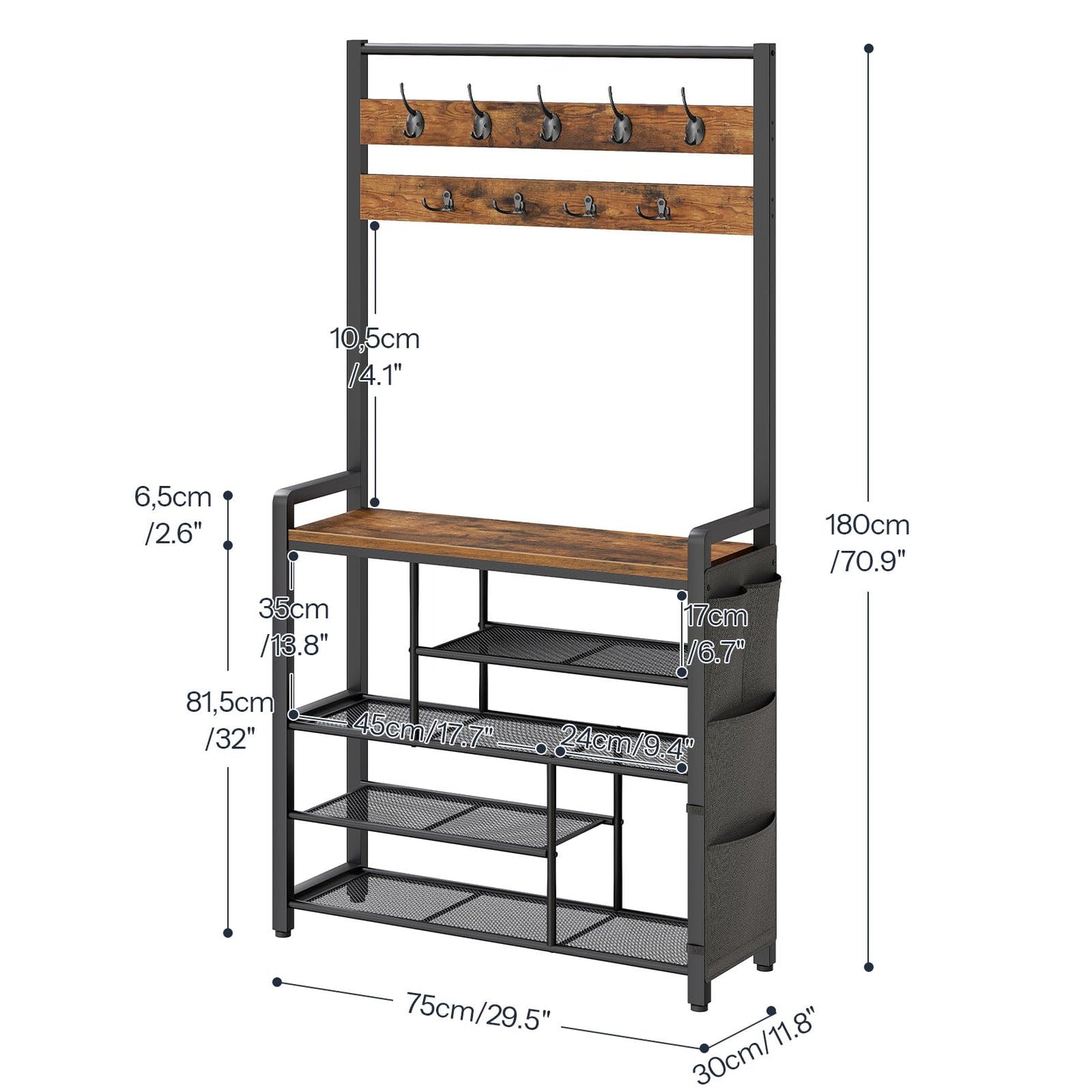 HOOBRO Hall Tree with Bench, Shoe Rack with Coat Rack, Coat Rack with Shoe Storage, 5 Tier Shoe Storage Organizer with Oxford Fabric Side Pockets, Coat and Shoe Rack Entryway, Rustic Brown BF45MT01