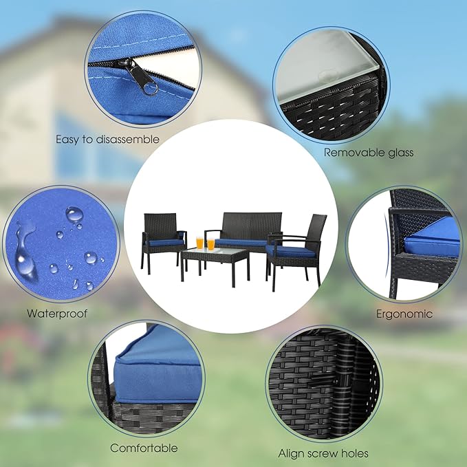 PAOLFOX4 Piece Outdoor Patio Furniture Set, Rattan Patio Conversation Set with Table,Modern Wicker Chairs and Table Sets,Outdoor Furniture for Porch, Garden, Lawn, Blue