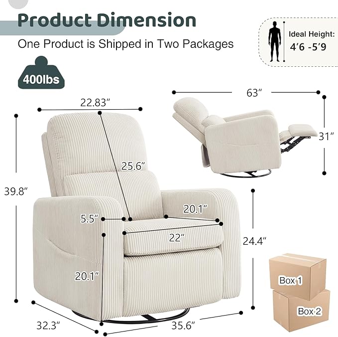 AEMEIOS Swivel Rocker Recliner, Oversized Manual Nursery Glider Rocking Recliner Chair with Removable Cushion, Upholstered Swivel Reclining Chair for Nursery Living Room Bedroom, Corduroy White