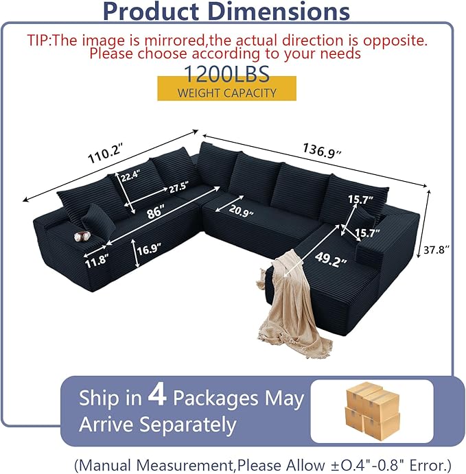 137" Cloud Sectional Couch with L-Shape Chaise, Modern Corduroy Boneless Couch for Living Room,Memory Foam Sofa with Deep Seat,No Assembly Required (Black,Right-Facing Chaise)