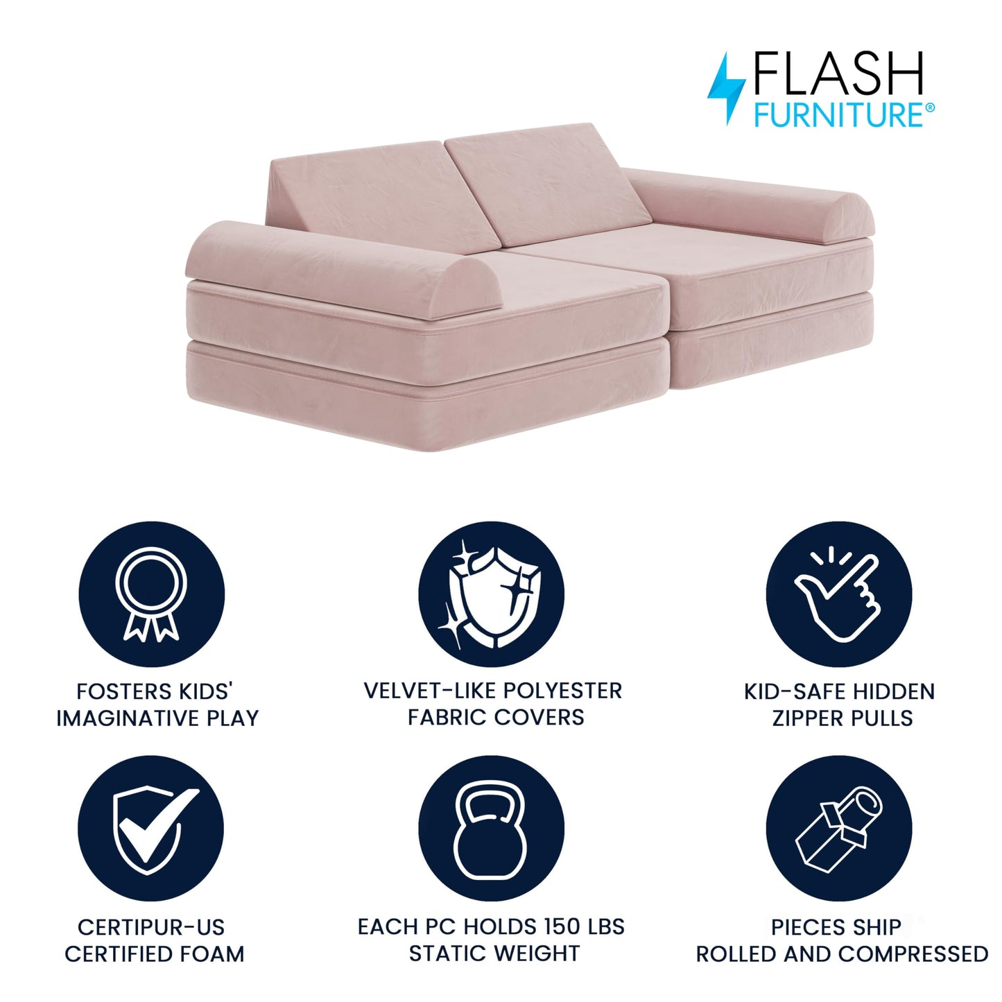 Flash Furniture Marlowe Modular Foam Kids Play Couch, 6 Soft Sectional Sofa Pieces, Convertible Kids Couch, Removable Covers, 56", Blush