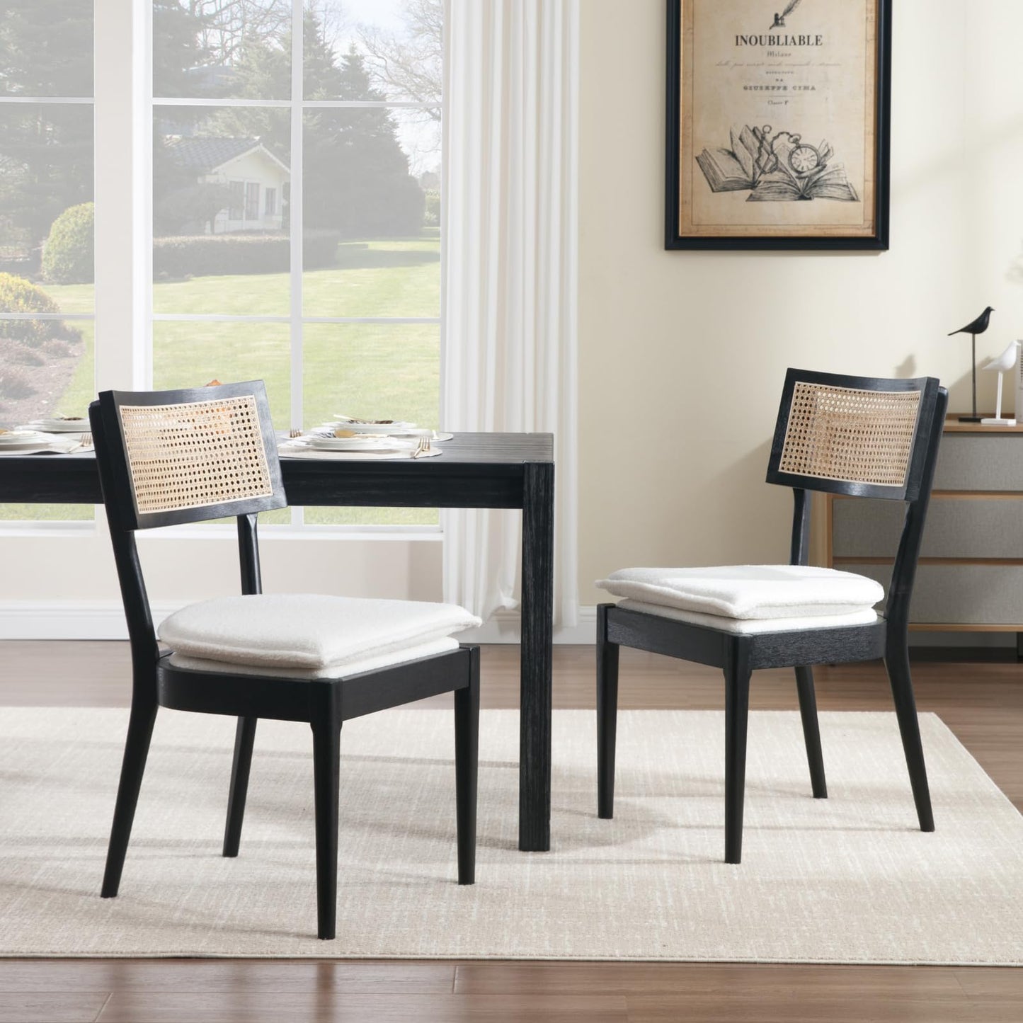 QUINJAY Rattan Farmhouse Dining Chairs Set of 4, French Country Sherpa Dining Chairs with Cane Back, Upholstered Boucle Dining Room Chairs Rustic Kitchen Chairs with Wood Frame for Living Room, Black