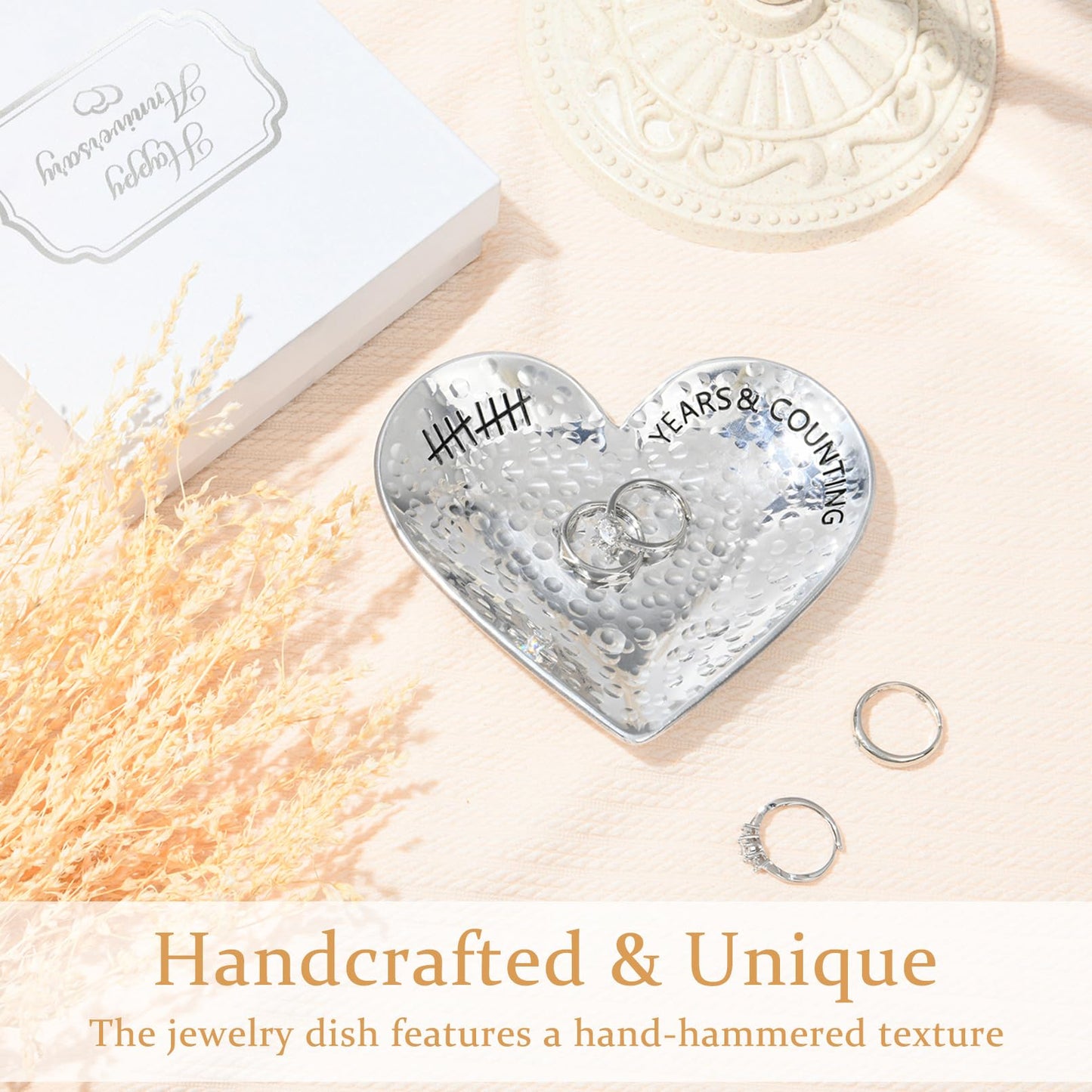CEELGON 10 Year Wedding Anniversary Tin Gifts 10th Gifts Heart Jewelry Tray Engraved Aluminum Decorative Dish for Couple Him or Her