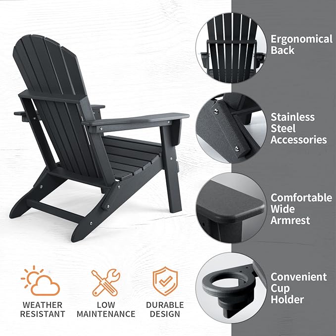 FUNBERRY Folding Adirondack Chair Set of 4, All Weather HDPE Fire Pit Chairs with Cup Holder for Outdoor
