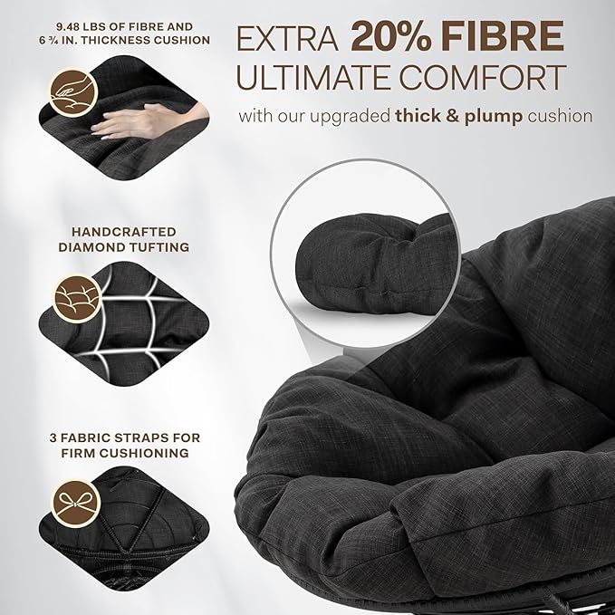 Bme 40" Ergonomic Wicker Papasan Chair with Soft Thick Cushion & Frame, 360° Swivel, Circle, Reading, Comfy Chair for Living Room, Bedroom