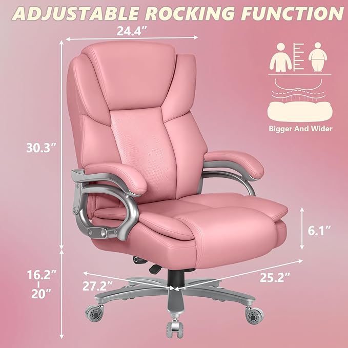 Indulgear Big and Tall Office Chair,500lbs Capacity Heavy Duty Office Chair for Heavy People, High Back Executive Computer Chair with Adjustable Lumbar Support, Quiet Rubber Wheel (Pink)