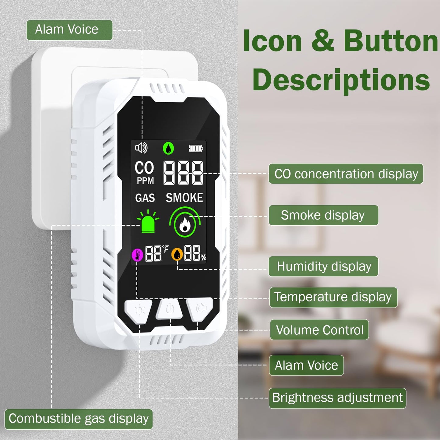 5-in-1 Carbon Monoxide Detector Combo with LCD Display, Detects CO, Natural Gas, Smoke, Temperature, Humidity for Home Hotel, Camping RV, Apartment Safety, Plug-in Monoxide Alarm HD Screen 1 Pack