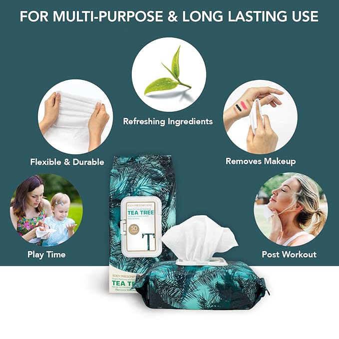Body Prescription Makeup Cleansing Wipes - Gentle and Effective Face Wipes, 50 Count (Pack of 1), Tea-Tree