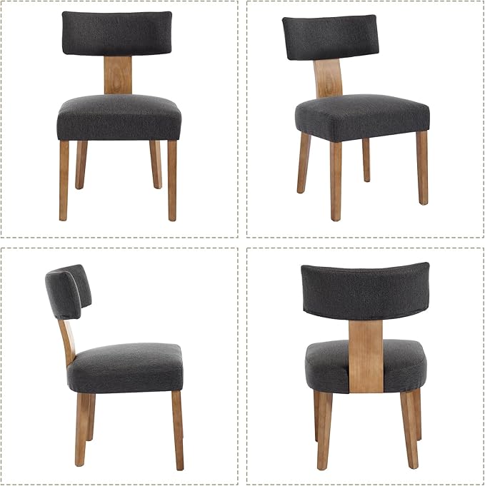 KHISCHMO Mid Century Modern Dining Chairs Set of 4, Upholstered Linen Fabric Chairs with Curved Backrest and Wood Legs, Comfy Kitchen Vanity Chair for Dining Room/Living Room/Kitchen, Grey