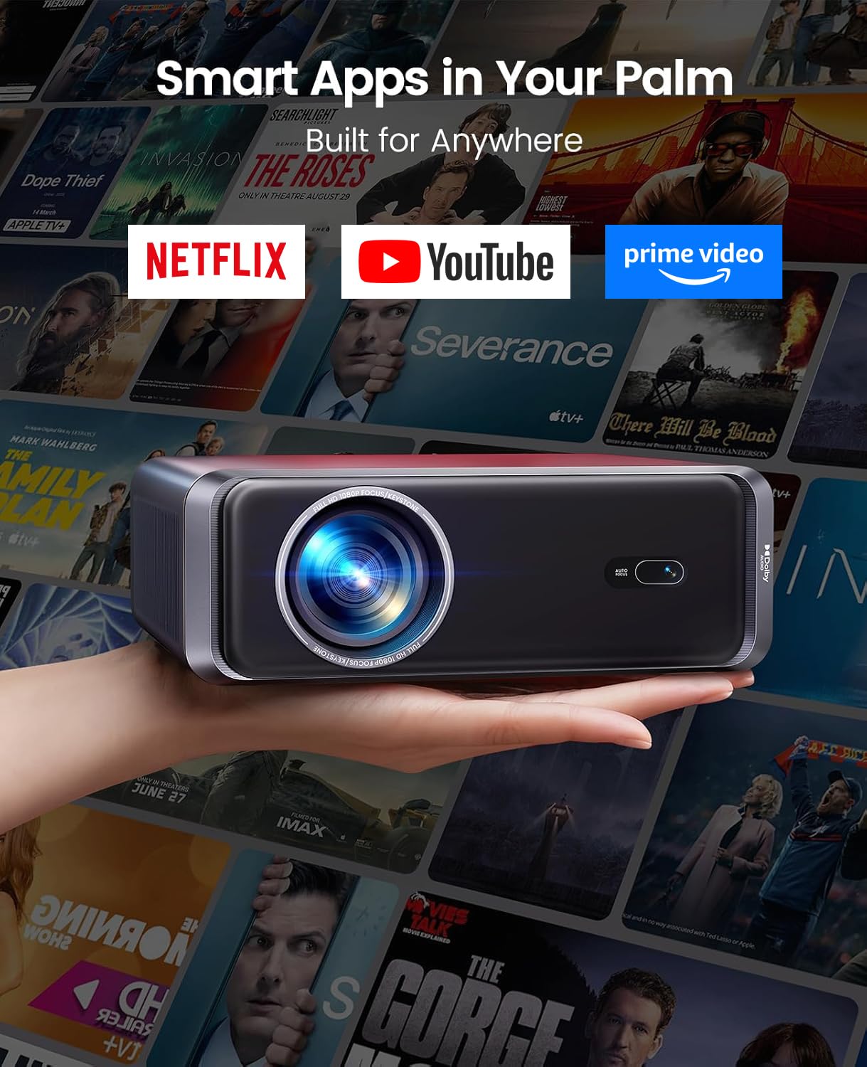 [Built-in Official App/4K Support/Compact]Smart-Projector with WiFi6 and Bluetooth, Outdoor Movie Projector & DoIby , Compatible with YouTube/PrimeVideo, AI Auto Focus, Portable Home Proyector