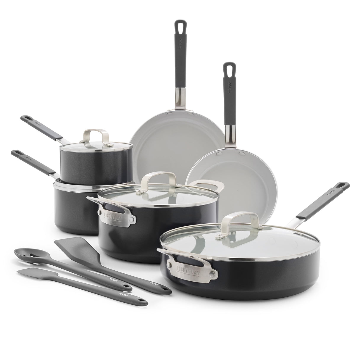 GreenPan x Bobby Flay 13 Piece Nonstick Cookware Pots and Pans Set, PFAS-Free Diamond Ceramic, Induction Suitable, Easy Clean Dishwasher & Oven Safe, Stay-Cool Silicone Handles, Glass Lids, Graphite