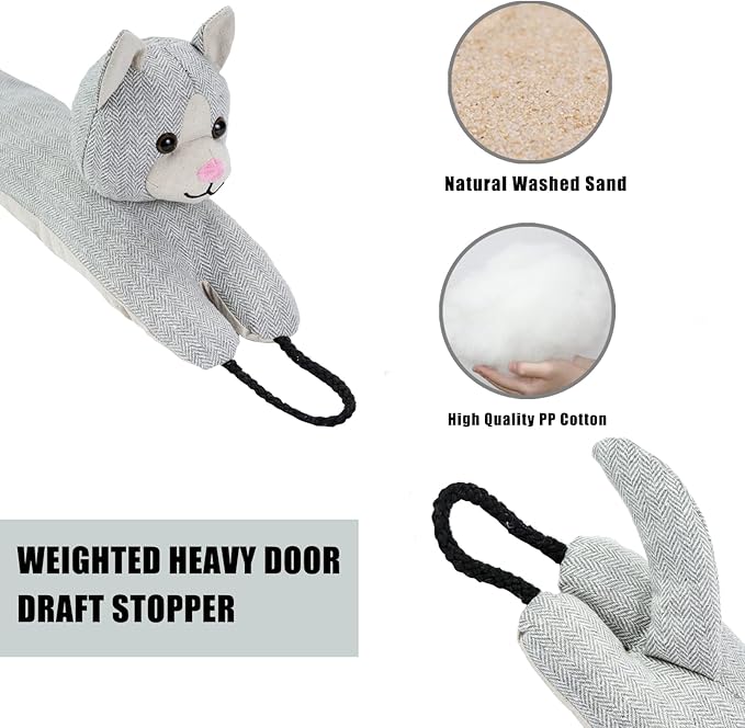 Marwood Under Door Draft Stopper Decorative Wind Stopper 48 inch for Door & Window, Weighted Animal Air Draft Stopper Snake Noise Blocker for Bottom of Door with Hanging Loops - Grey Cat