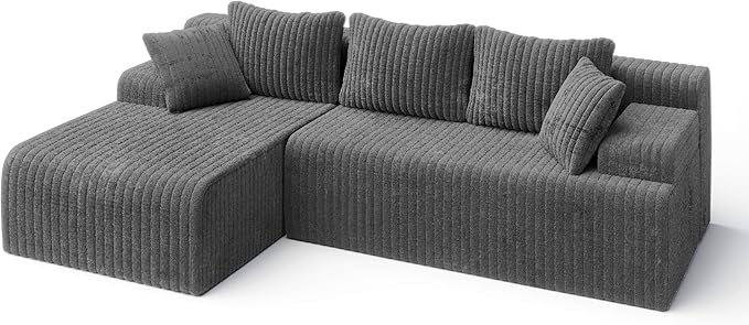 LAUSAINT HOME 96" Modular Sectional Sofa Couches, L-Shaped Boneless Cloud Sofa with 3 Deep Seat, 5 Cushiones Oversized Chaise for Living Room, Bedroom, Plush Corduroy Fabric (Left, Grey)
