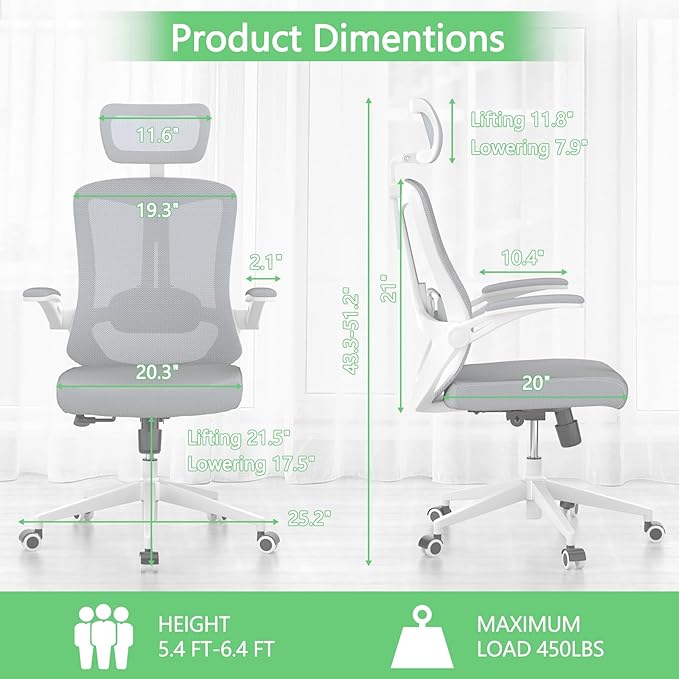 balmstar Office Chair,Ergonomic Comfy Home Desk Chair with 350LBS Capacity,High Back Gaming Chair with Wheels,Mesh Computer Chair,Lumbar Support, Adjustable Headrest,Flip-up Armrest (A-gray + White-1)
