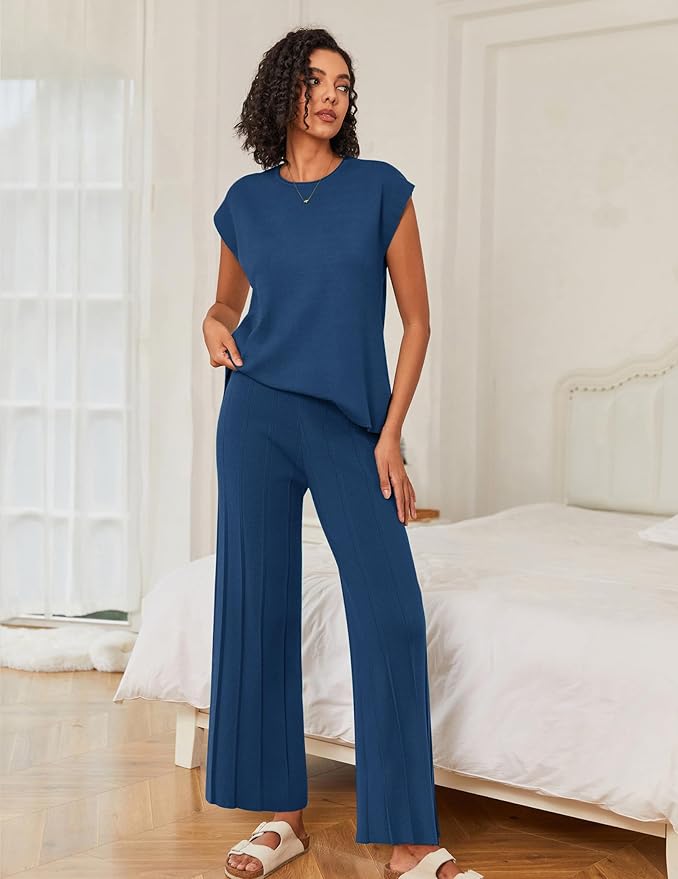 Ekouaer Lounge Sets for Women Two Piece Outfits Knit Cap Sleeve Tops Wide Leg Pleated Pants Casual Dressy Sweater Sets