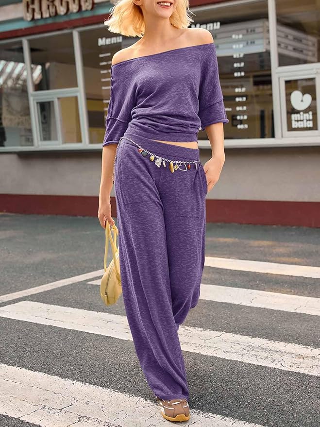Tankaneo Women's 2 Piece Travel Outfits Casual Short Sleeve Knit Sweater Set Wide Leg Pants Lounge Sets Tracksuit