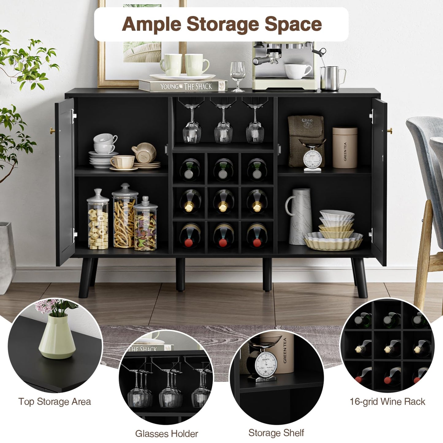 Giluta Kitchen Island - Farmhouse Coffee Bar Cabinet Kitchen Sideboard Cabinet Kitchen Cupboard Buffet Cabinet with Storage for Dining Room, Black