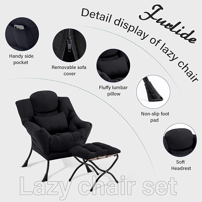 Furlide Lazy Chair with Ottoman, Comfy Fabric Accent Lounge Arm Chair with Lumbar Pillow and Folding Footrest, Reading Leisure Sofa Chair for Bedroom, Living Room, Dorm,Black