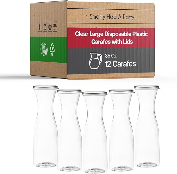 35 oz Clear Plastic Drink Servers with Lids (12 Piece Set) – Disposable Carafe for Juice & Carafes for Mimosa Bar – Sangri...