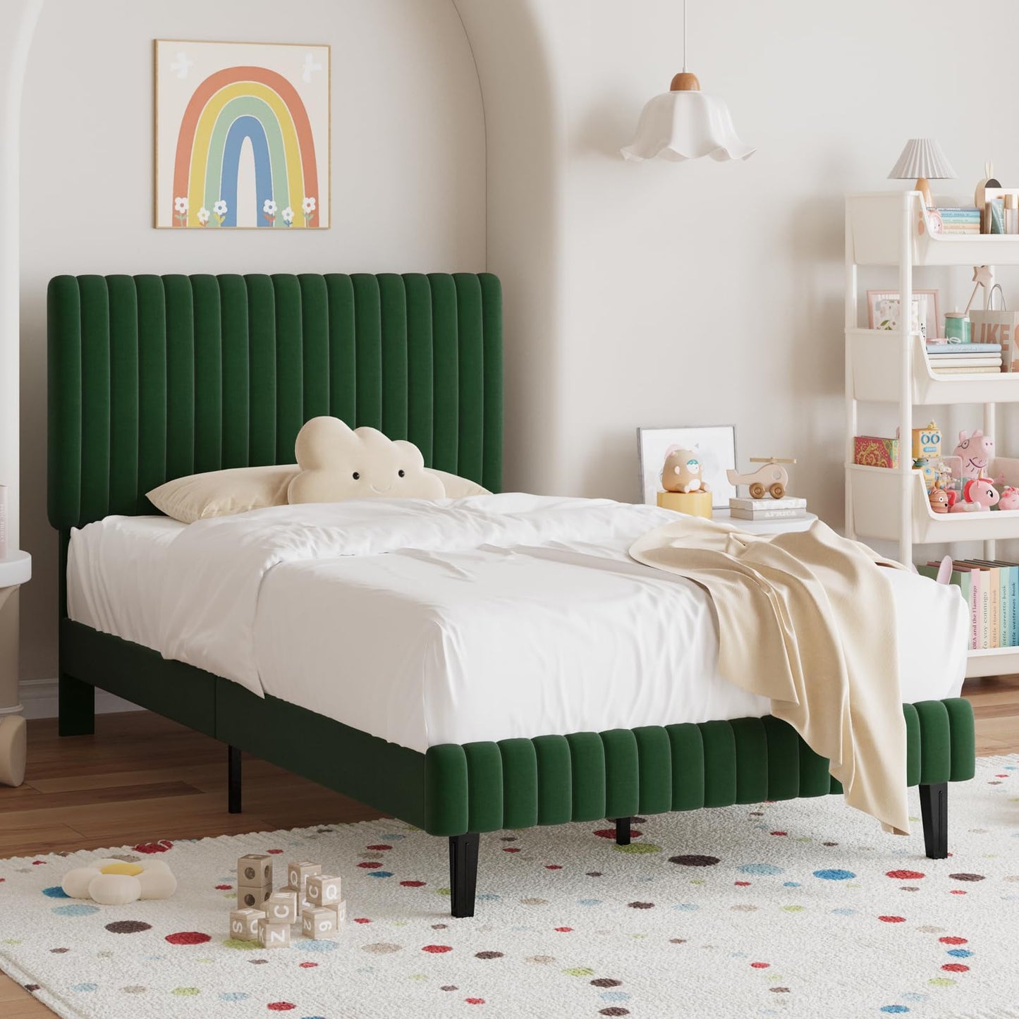 Twin Bed Frame, Velvet Upholstered Platform Bed with Vertical Channel Tufted Headboard and Footboard, No Box Spring Required, Easy Assembly, Green