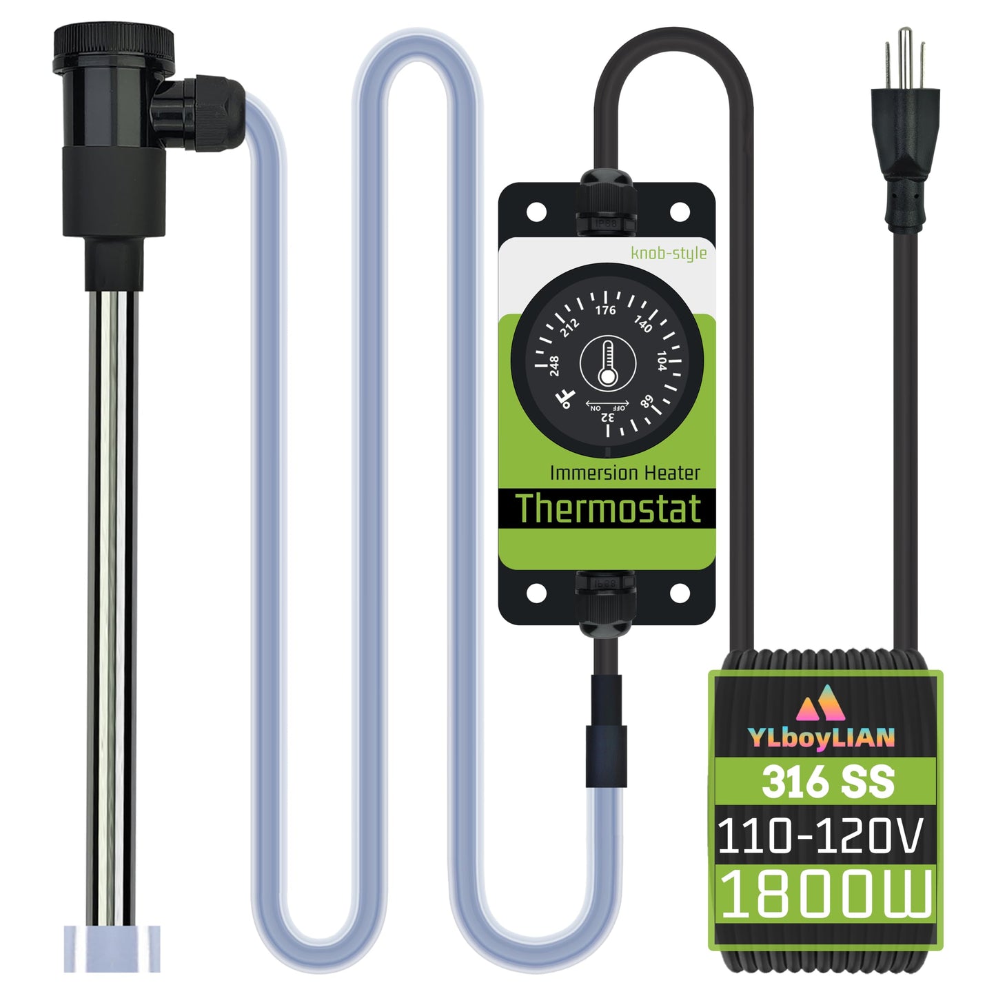 YLboyLIAN 1800W Immersion Water Heater for Pool, Bathtub, Pond/inground/Above Ground/Inflatable Pool, Baptism & Hot Tub – Portable Electric Submersible Heater with Knob-Style Thermostat & GFCI