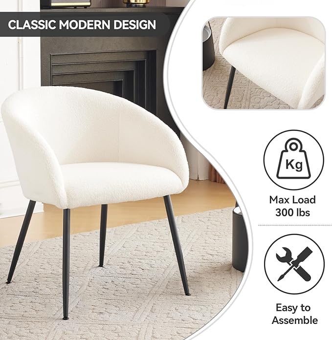 YDcosyfy Modern Small Accent Chair Set of 4, Comfy Sherpa Makeup Vanity Chair with Metal Legs, Decorative Dining Chair no Wheels for Living Room, Dressing Room, Bedroom, White