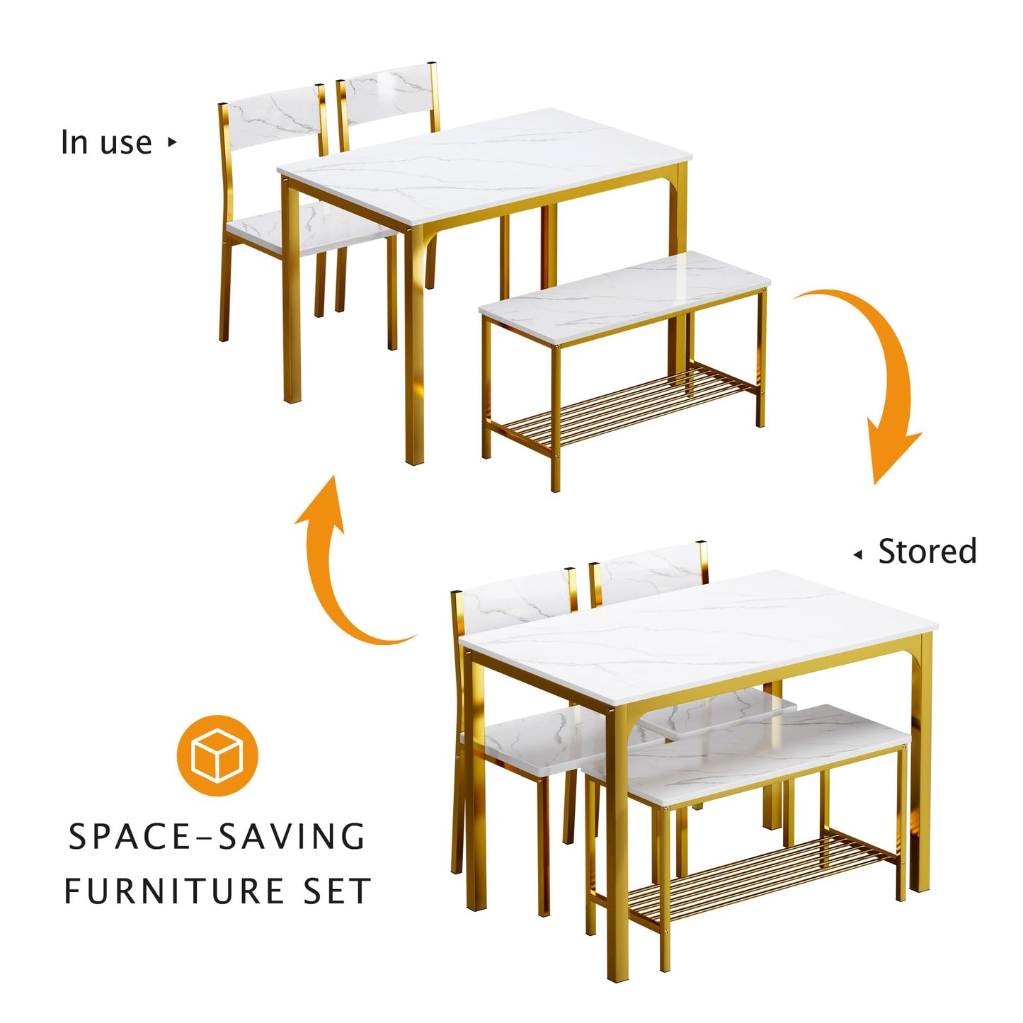 sogesfurniture Modern 4-Piece Kitchen Dining Table Set with 1 Bench and 2 Chairs, Kitchen Bench Table Set for 4, Wooden Kitchen Table and Chairs for Limited Space,Gold