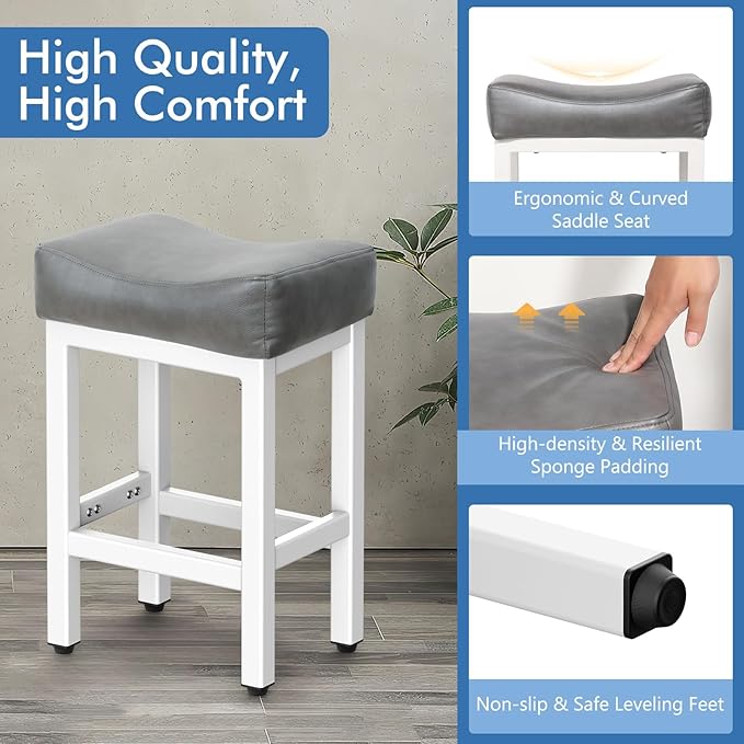 Counter Height Bar Stools Set of 2, 24 Inch Barstools for Kitchen Island Counter, Bonded Leather Kitchen Stools with Thick Saddle Seats & Heavy Duty Metal Base, Easy Assembly, Gray/White