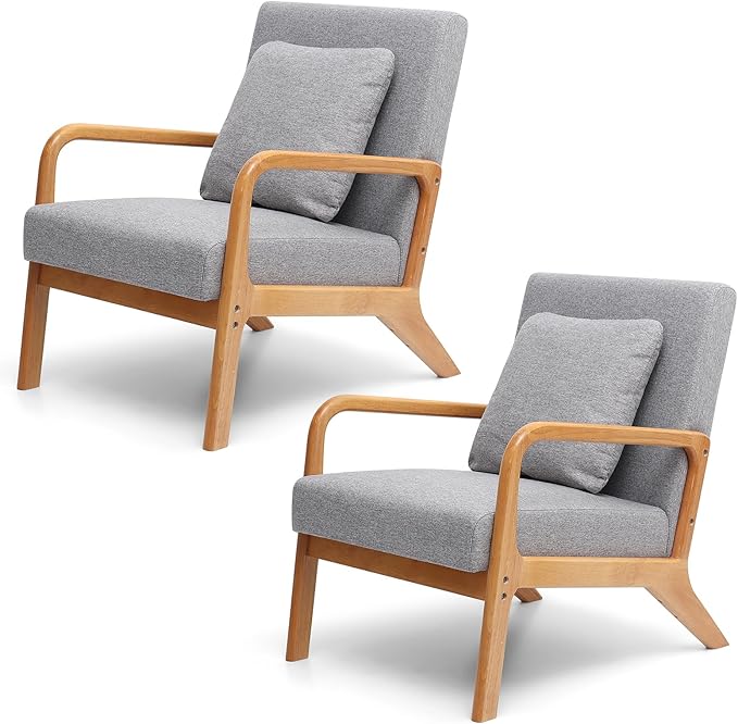 ELUCHANG Mid-Century Modern Accent Chair with Lumbar Pillow,Upholstered Armchair,Linen Fabric Comfy Reading Chair, Lounge Side Chair for Living Room Bedroom Apartment,Easy Assembly(Grey,2pcs)