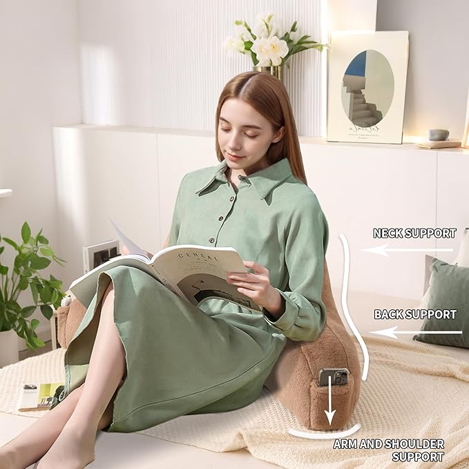 PAJEO Reading Pillow for Sitting in Bed, Large Backrest Reading Pillow with Arm Rest,Back-Rest Support Cushion for Sit Up on Couch, Sofa, and Floor, Dorm Essentials (Khaki Faux Fur, Large(19"))