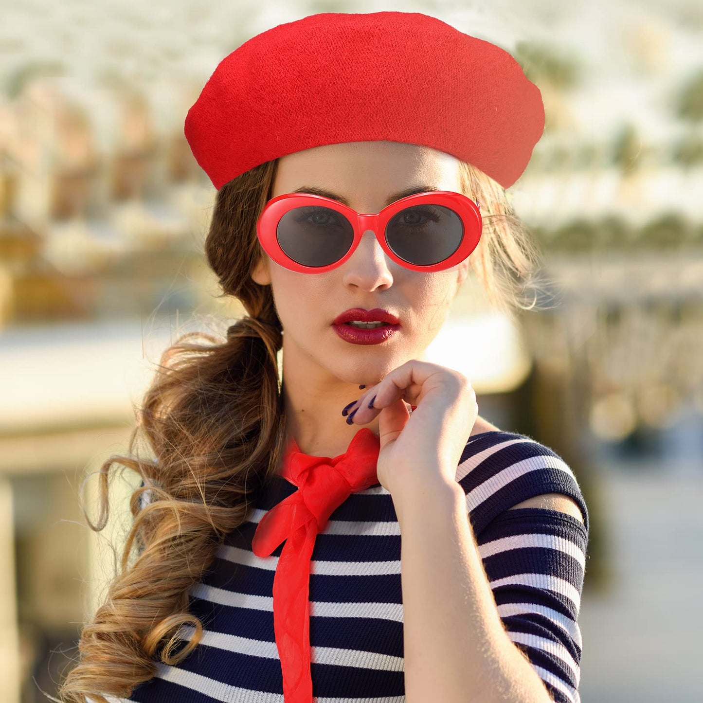 Laumoi 12 Pieces Women's 1950s Mime Costume Set - Beret Hat, Scarf, Gloves, Retro Sunglasses for Halloween Themed Party