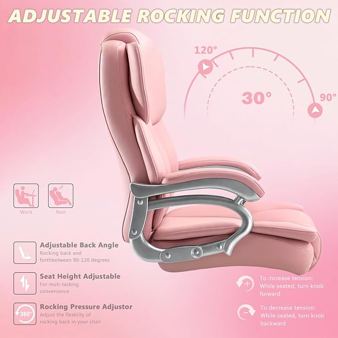 Indulgear Big and Tall Office Chair,500lbs Capacity Heavy Duty Office Chair for Heavy People, High Back Executive Computer Chair with Adjustable Lumbar Support, Quiet Rubber Wheel (Pink)